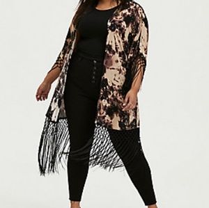 SOLD! Torrid Black Tie-Dye Crepe Fringe Kimono Boho